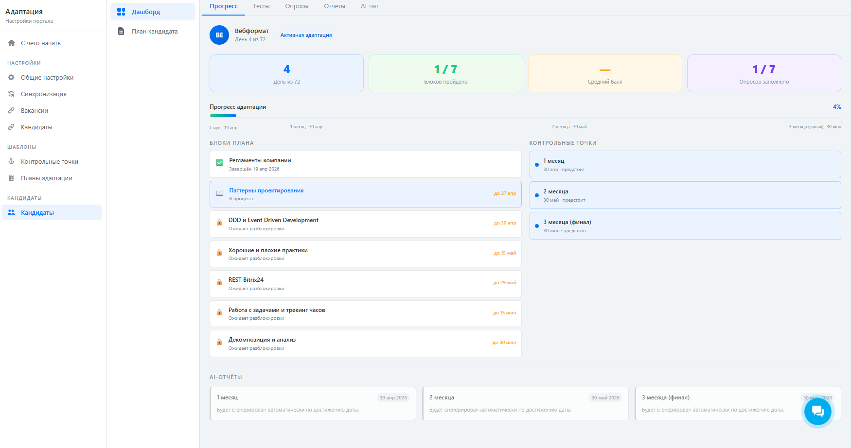 Дашборд кандидата — вкладка Прогресс